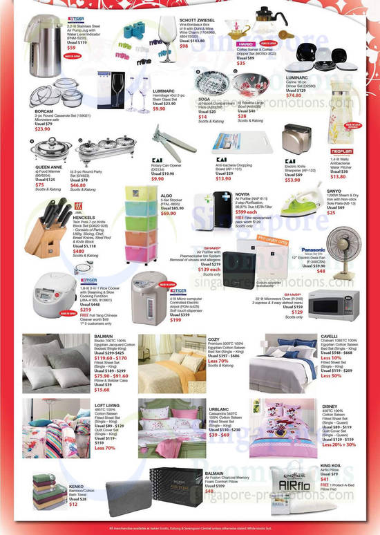 Kitchen Appliances, Bedsheet Sets, Tiger, Sharp, Kai, Henckels, Luminarc, Balmain, Cozy, Cavelli, Disney, King Koil