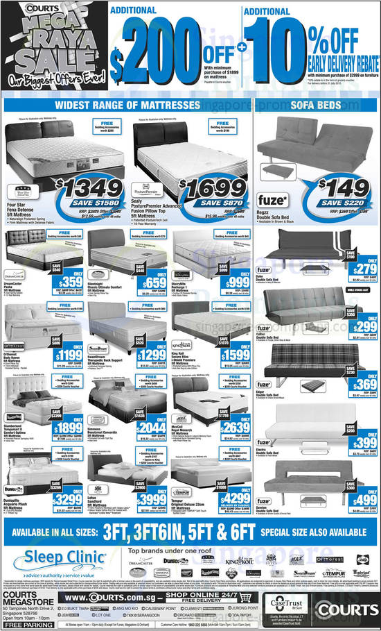 Mattresses, Sofa Beds, Four Star, Sealy, DreamCaster, Silentnight, StarryNight, Orthorest, SweetDream, King Koil, Dunlopillo, Lotus, Tempur, Fuze