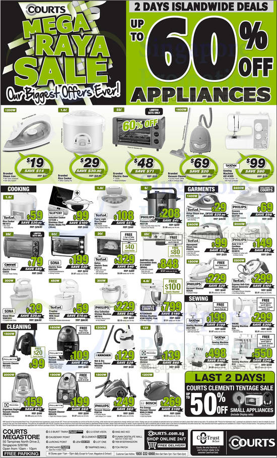 Sewing Machines, Rice Cookers, Ovens, Vacuum Cleaners, Irons, Garment Steamer, Brother, Tefal, Philips, Cornell, Sona, Babybelling