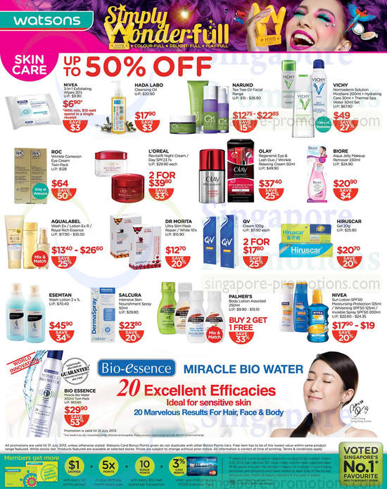 Skin Care Up To 50 Percent Off, Bio-Essence, Roc, Hada Labo, L’Oreal, Vichy, Nivea