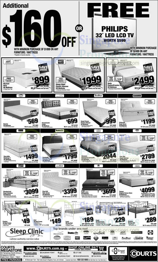 Mattresses, MaxCoil, Sleepy Night, Sealy PosturePremier, Silentnight, DreamCaster, Sweet Dream, Orthorest, StarryNite, Dunlopillo, Simmons