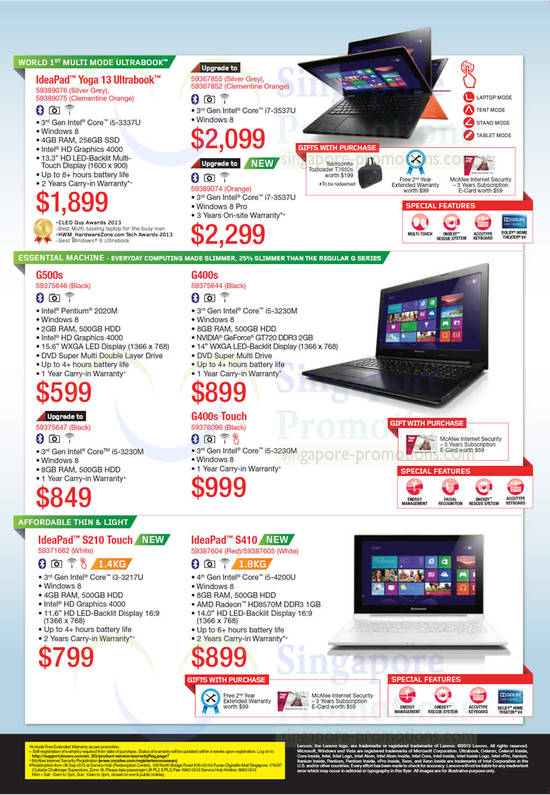 Notebooks IdeaPad Yoga 13, G500s, G400s, G400s Touch, S210 Touch, S410
