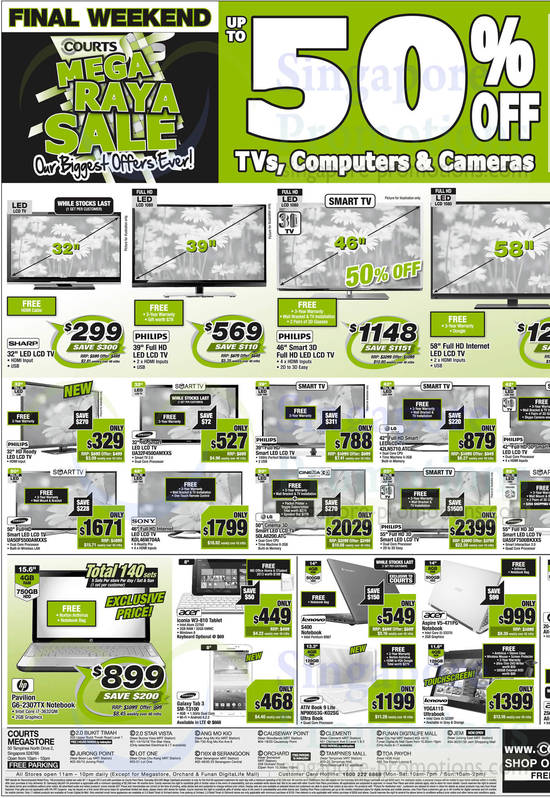 TVs 50 Percent off, Computers, Digital Cameras, Sharp, Philips, Samsung, LG, Sony, Acer, Lenovo, HP