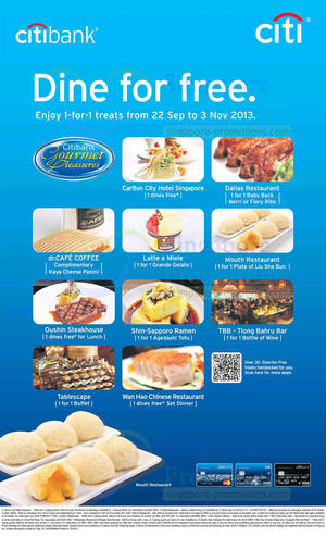 Featured image for (EXPIRED) Citibank 1 For 1 Dining Treats @ Selected Eateries 22 Sep – 3 Nov 2013