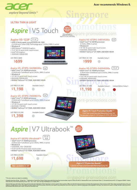 Aspire V5 Touch Notebooks, V7 Ultrabook