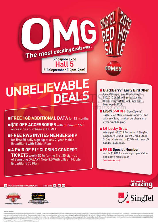 Roadshow Exclusives, Free 1GB Data, RWS Invites Membership, F1 Closing Concert Tickets, Blackberry, Sony Xperia Z, Special Number