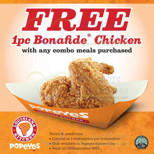 Featured image for (EXPIRED) Popeyes Dine-In Discount Coupons 6 – 30 Sep 2013