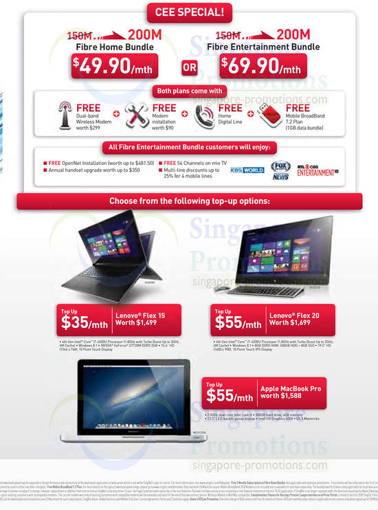 200Mbps Fibre Home Bundle 49.90, 69.90, Notebooks Lenovo Flex 15, Flex 20, Apple Macbook Pro