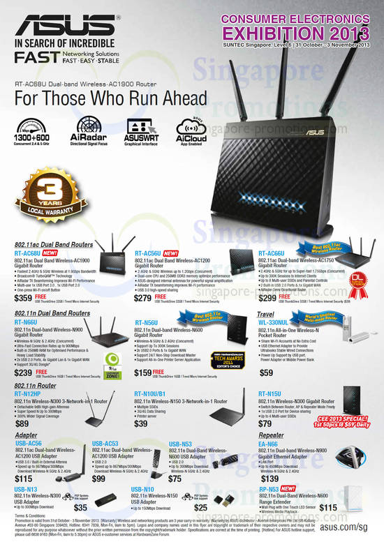 31 Oct ASUS Networking Routers, Repeaters, USB Adapters RT-AC68U, AC56U, AC66U, N66U, N56U, N12HP, N10O, N15U, WL-330NUL, USB-AC56, AC53, N53, N10, N13 EA-N66, RP-N53