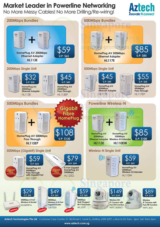 31 Oct Aztech Networking HomePlug, Bundles, Wireless, Repeater, Router, IPCam