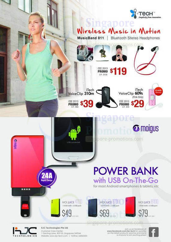 31 Oct KJC Tech Bluetooth Headsets iTech VoiceClip, Moigus Powerbank Portable Chargers Moi Juice