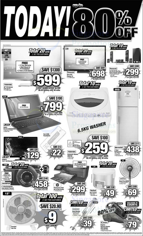 4 Oct Notebooks, Monitors, Washers, TVs, Printers, Vacuum Cleaners, Fridges, Fans, Acer, Toshiba, HP, Candy