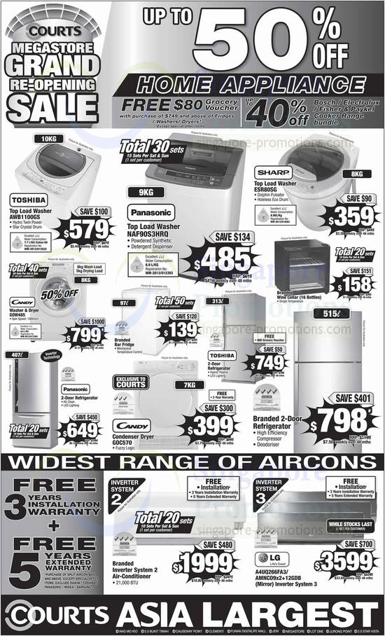 5 Oct Appliances Washers, Condenser Dryers, Air Conditioners, Toshiba, Panasonic, Sharp, Candy, LG