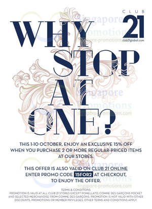 Featured image for (EXPIRED) Club 21 15% Off Promo @ All Outlets 1 – 10 Oct 2013
