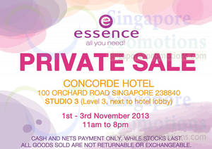 Featured image for Essence Cosmetics Up To 80% OFF Private SALE @ Concorde Hotel 1 – 3 Nov 2013