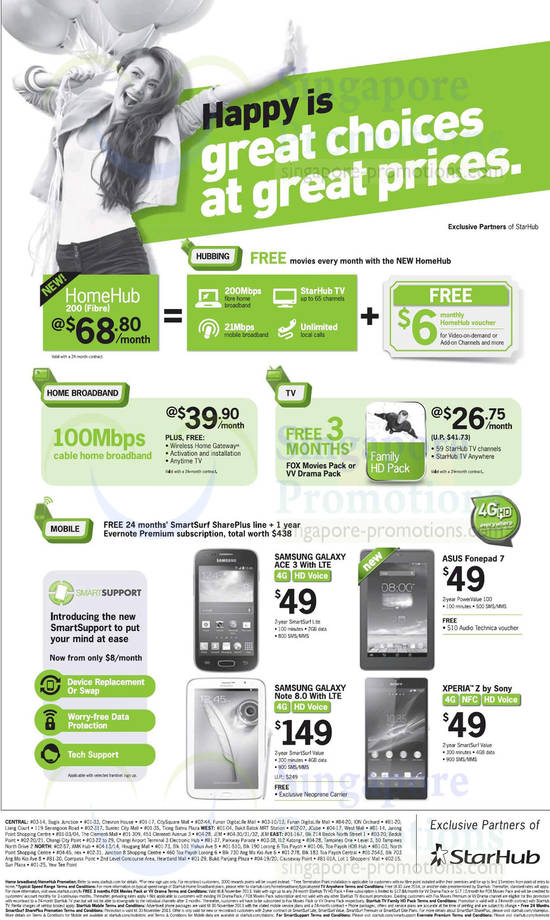 Fibre Broadband 68.80 HomeHub 200, 39.90 100Mbps, Samsung Galaxy Ace 3, Note 8.0, ASUS Fonepad 7, Sony Xperia Z