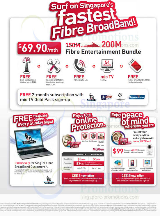 Fibre Broadband 69.90 200Mbps, McAfee Security Suite, Home Livecam