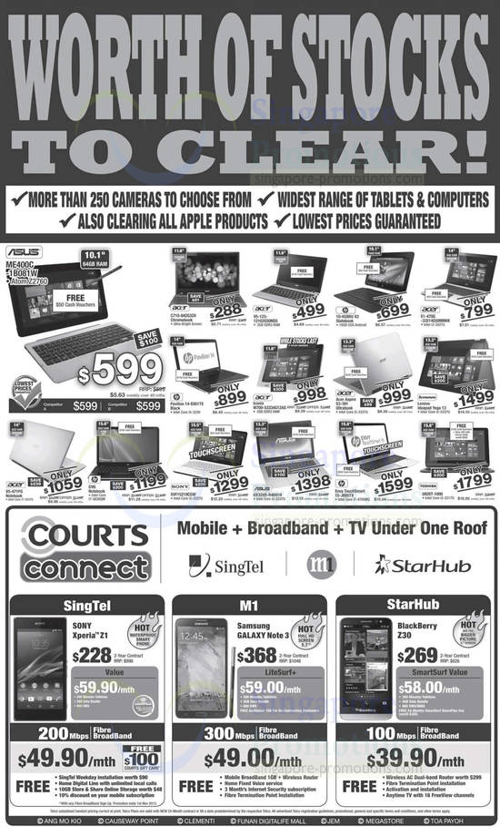 Notebooks, Courts Connect, Smartphones, Asus, Acer, HP, Lenovo, Sony, Toshiba, Blackberry, Samsung