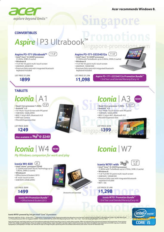 Notebooks, Tablets, P3-171-53334G12a Notebook, Tablets, Iconia A1, A3, W4-820, W701