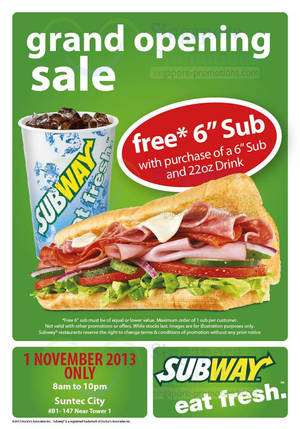 Featured image for (EXPIRED) Subway Buy 1 Get 1 FREE (BOGO) Sub Promotion @ Suntec City 1 Nov 2013