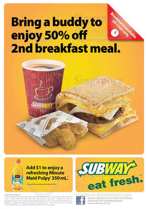 Featured image for (EXPIRED) Subway 50% Off 2nd Breakfast Meal Promo @ All Outlets 1 Nov – 31 Dec 2013