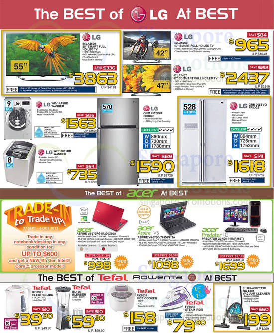 TVs, Washers, Fridges, Notebooks, Desktop PCs, Blender, Rice Cooker, Iron, Vacuum Cleaner, LG, Acer