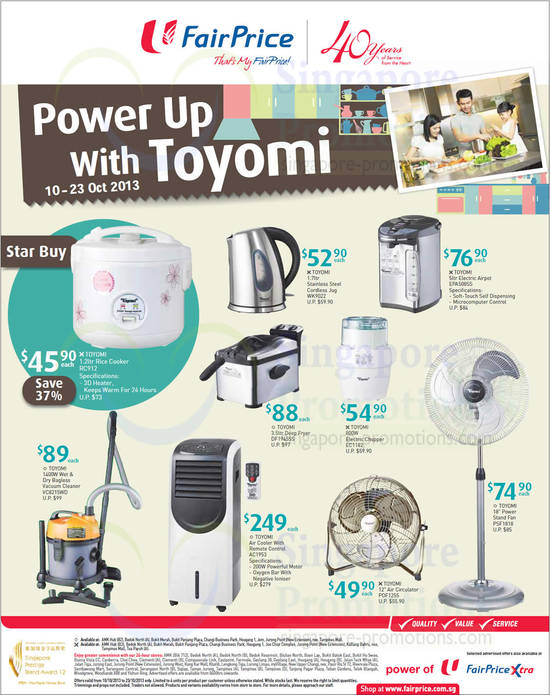 Toyomi Jugs, Airpots, Fryers, Choppers, Vacuum Cleaners, Air Coolers, Fans