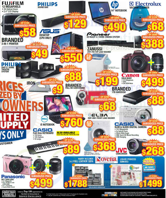 Washers, Digital Cameras, Printers, Desktop PCs, Notebooks, Vacuum Cleaners, Home Theatre System, Zanussi