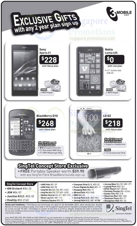 3Mobile Sony Xperia Z1, Nokia Lumia 625, Blackberry Q10, LG G2