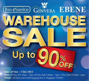Featured image for Ebene, Bio-Essence & Ginvera Warehouse SALE Up To 90% OFF 29 Nov – 1 Dec 2013