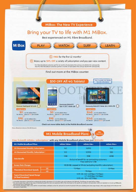 Broadband Tablets Huawei Mediapad 10 Link, Samsung Galaxy Tab 3 7.0, Note 10.1, Mobile Broadband Plans mData Value Lite Max, MiBox