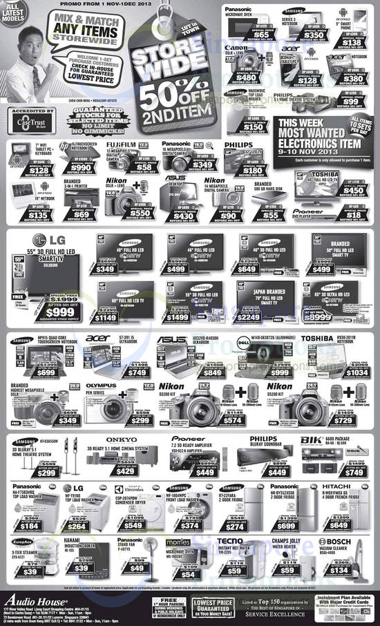 Digital Cameras, Notebooks, Washers, Fridges, Nikon, Panasonic, Philips, Acer, Samsung, Pioneer, Hitachi, Tecno, LG