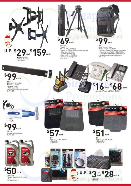 Electronics, Home Basics, Synthetic Oil, Vacuum Cleaner, Car Mat, Tripod, Camera Bag, Soundbar, Carlube, Titan, 3M, Rollei, Akai