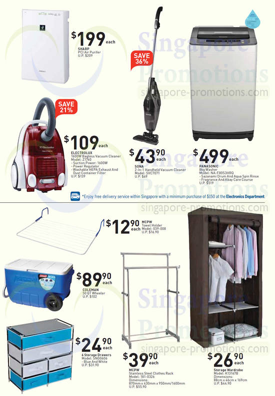 Electronics, Home Basics, Vacuum Cleaners, Washers, Air Purifier, Storage Drawers, Electrolux, Panasonic, Sona