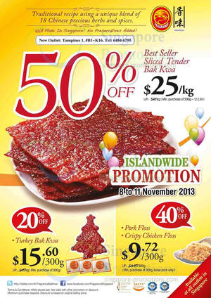 Featured image for (EXPIRED) Fragrance Foodstuff Bakkwa & More Weekend Promo Offers 8 – 11 Nov 2013