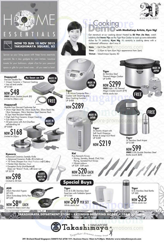 Happycall, Tiger, Kai, Kyocera, Cooking Demo. Special Buys