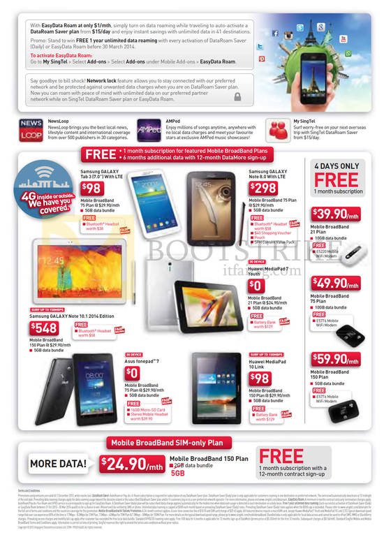 Mobile Broadband Plans, Samsung Galaxy Tab 3 7.0, Note 8.0, Note 10.1 2014 Edition, ASUS Fonepad 7, Huawei MediaPad 10 Link