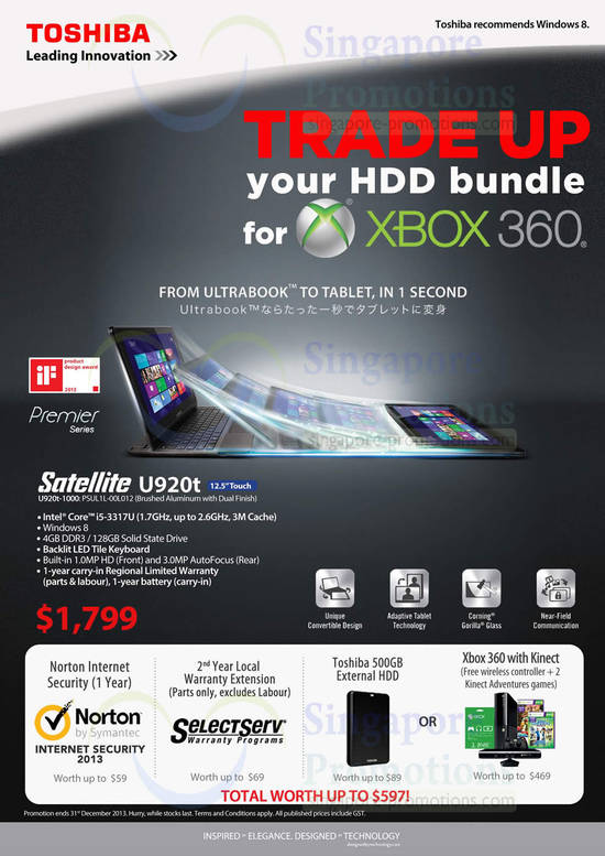 Notebook Satellite U920t-1000 Free Xbox 360 with Kinect