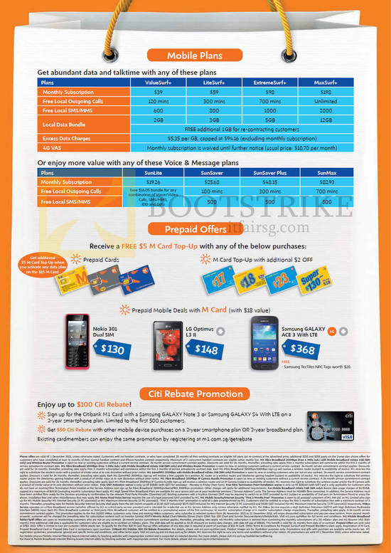 Plans, M Card Prepaid Top Up, Citibank Rebate, Nokia 301, LG Optimus L3 II, Samsung Galaxy Ace 3