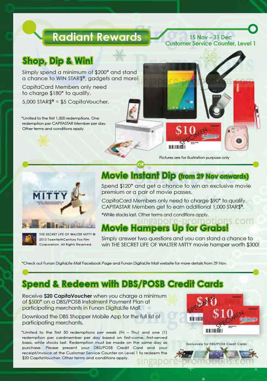 Radiant Rewards, Shop Dip n win, Spend n Redeem with DBS, POSB Cards, Movie Dip, Hampers