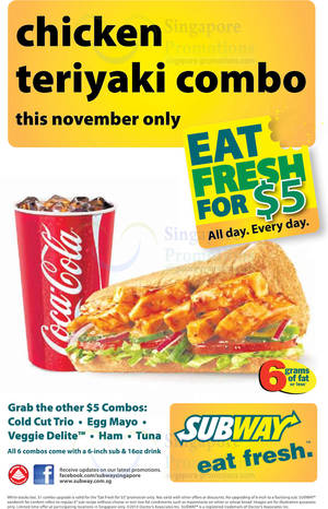 Featured image for (EXPIRED) Subway $5 Chicken Teriyaki Everyday Value Combo Promo 1 – 30 Nov 2013