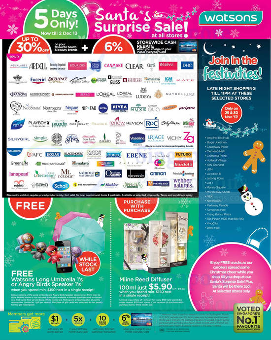 Up to 30 Percent Off, Free Watsons Long Umberlla, Angry Bird Speaker, Miine Reed Diffuser