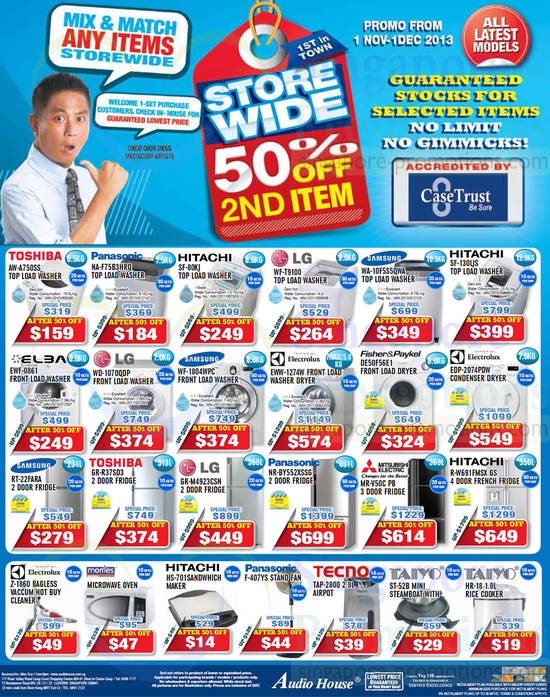 Washers, Dryers, Fridges, Rice Cooker, Mini Steamboat, Airpot, Fan, Sandwich Maker, Vacuum Cleaner, Toshiba