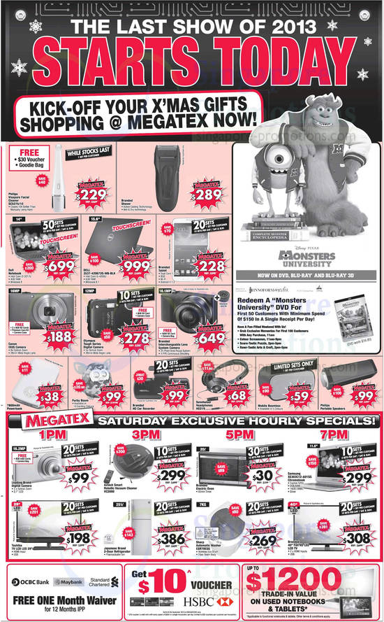 14 Dec Hourly Specials, Free Monsters University DVD, Notebooks, Digital Cameras, Personal Care