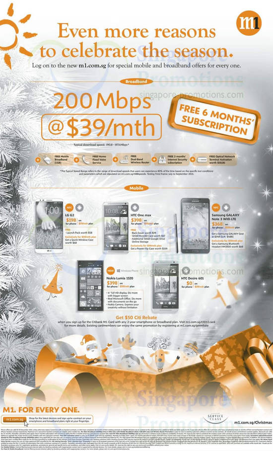 200Mbps Free 6 Months Subscription, LG G2, HTC One Max, Samsung Galaxy Note 3, Nokia Lumia 1520, HTC Desire 601