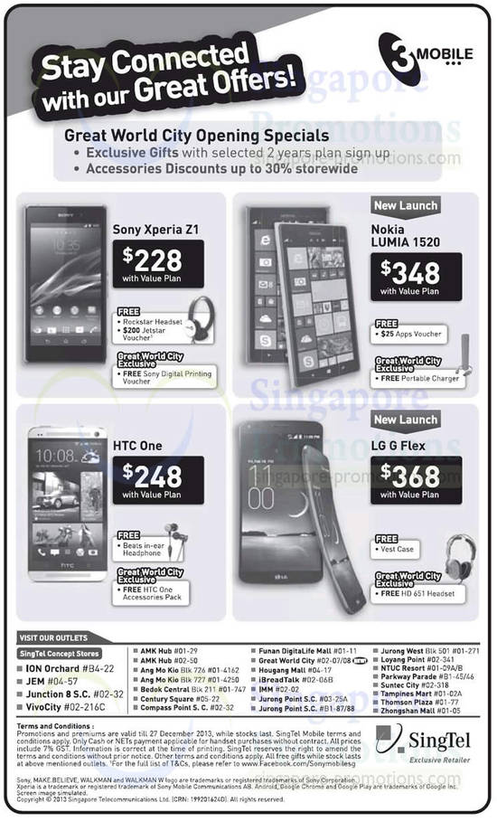 3Mobile Sony Xperia Z1, Nokia Lumia 1520, HTC One, LG G Flex