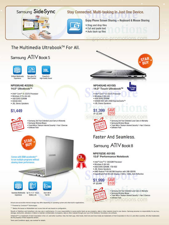 ATIV Book 5 Notebooks, ATIV Book 8 Notebooks NP530U4E-K02SG, NP540U4E-K01SG, NP870Z5E-X01SG