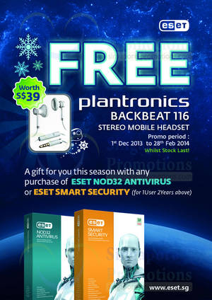 Featured image for (EXPIRED) ESET Antivirus Free Plantronics Stereo Mobile Headset Promo 1 Dec 2013 – 28 Feb 2014