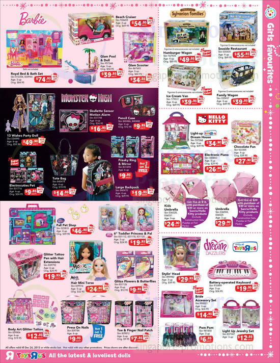 Girls Favourites Barbie, Sylvanian Families, Hello Kitty, Dream Dazzlers, Monster High