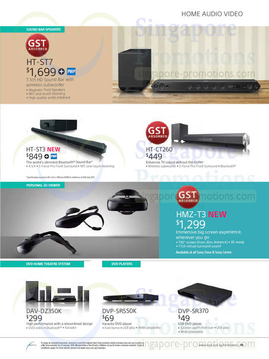 Home Theatre System, Sound Bars, DVD Players HT-ST7, HT-ST3, HT-CT260, HMZ-T3, DAV-DZ350K, DVP-SR550K